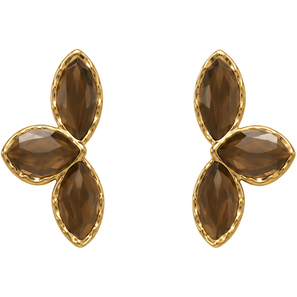 Ambre smoky brown faceted petal earrings in gold-tone settings